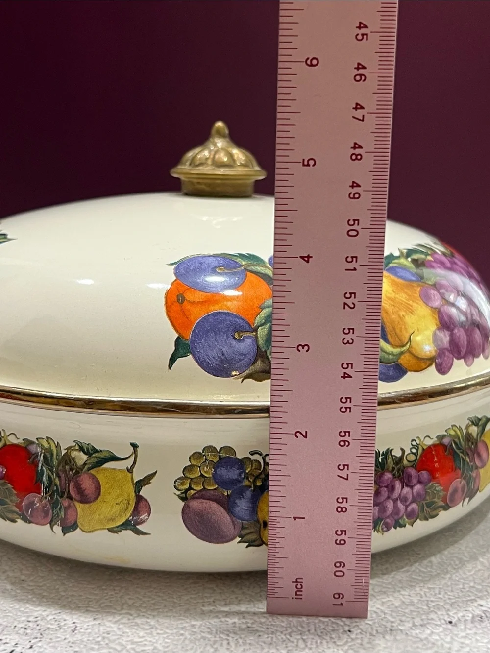 Vintage Cornucopia Enamelware Dutch Oven Colorful Fruit Motif Brass Handles